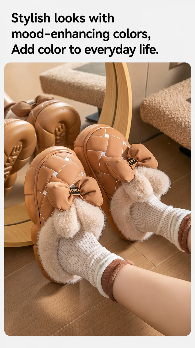 Winterliche, dicke Hausschuhe mit Plateausohle für Damen und Herren, 4 cm, weiche Sohle, flauschig, mit Schleife, warme Baumwollschuhe, rutschfest, für den Innenbereich, Freizeit- und Hausschuhe. – Detail 7
