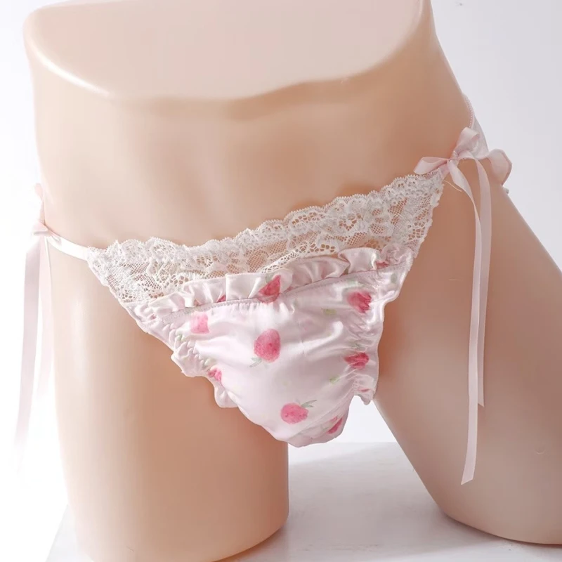 Men's Lace Up Satin Strawberry Graphic Briefs Sissy Sweet Lace Bow Thong Private Party BF Sexy Panty Japanese Style