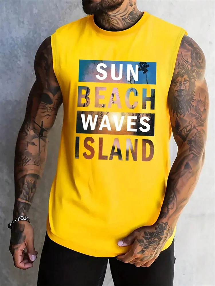 3D Simple Letter Printed Vest New Men\'s Summer Leisure Holiday Clothing Beach Sunbathing Breathable Loose Crew-Neck Vest