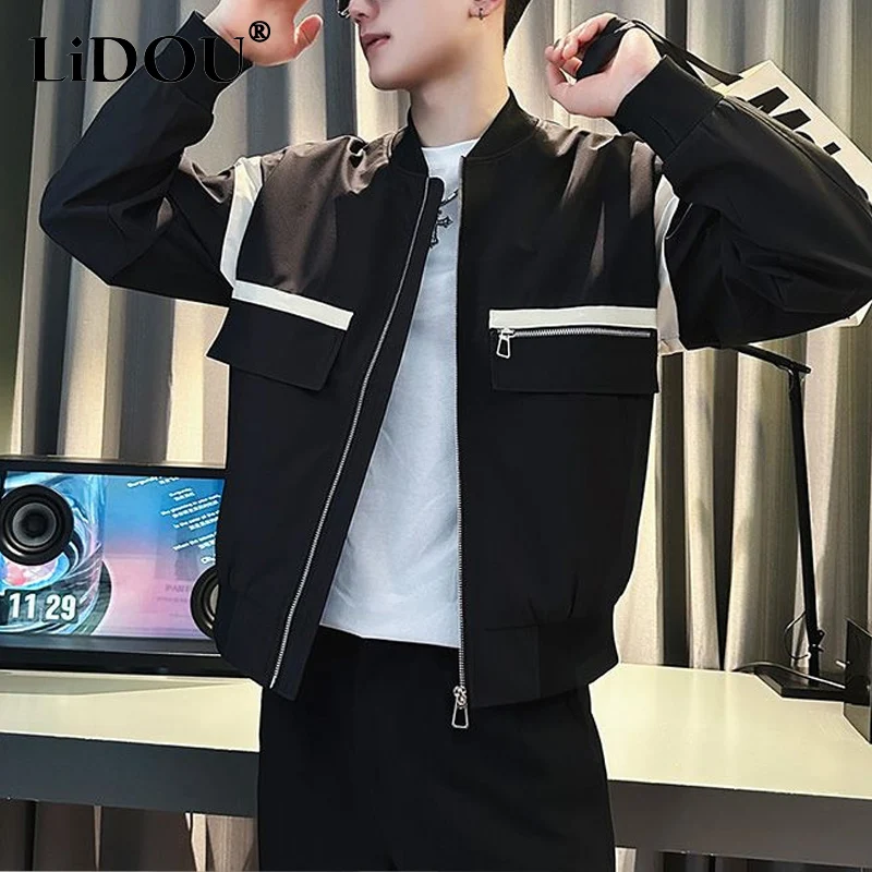 Spring Autumn New Contrast Color Fashion Long Sleeve Jackets Man Loose High Street Zipper Pockets Korean Style All-match Outwear