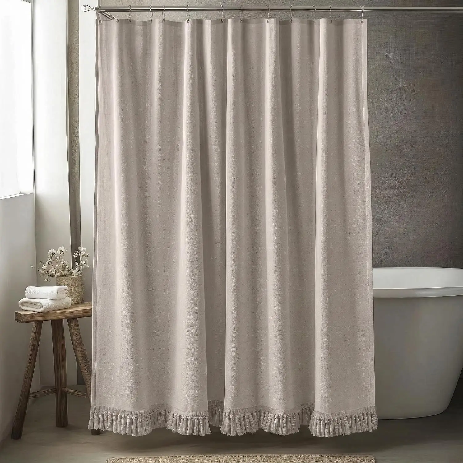 

Taupe Linen Shower Curtain with Tassels, Boho Rustic Farmhouse Bath Decor (72x72 inches)