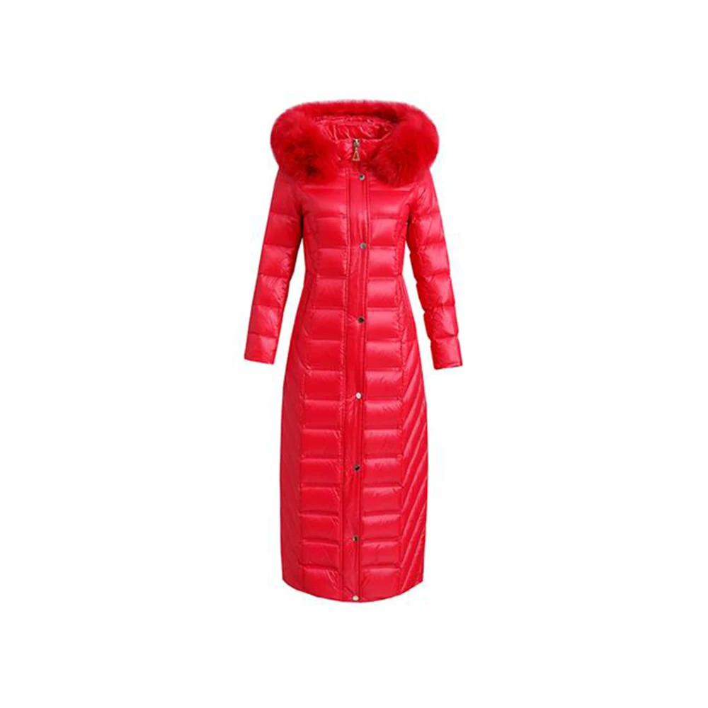 -30 Degree X-Long Women Down Coat Solid Warm Female Puffer Jacket Genuine Fox Fur Collar Thick Outwear White Duck Down