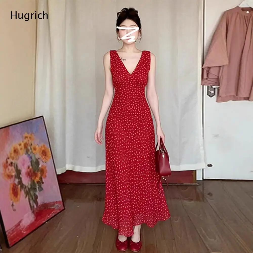 

Women's Red Polka Dot Sleeveless Maxi Dress V Neck Ruched Bodycon Flowy Hem for Casual Summer Vacation
