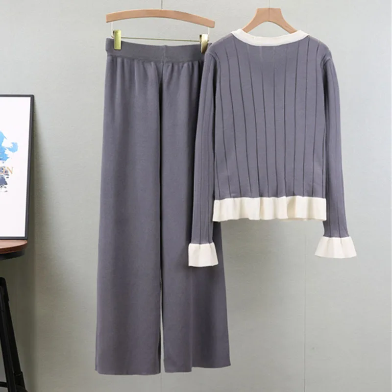 Chic Knitted 2 Pieces Sets Women O-neck Trumpet Long Sleeves Knitwears Tops Conjuntos Korean High Waist Wide Leg Pants Outfit