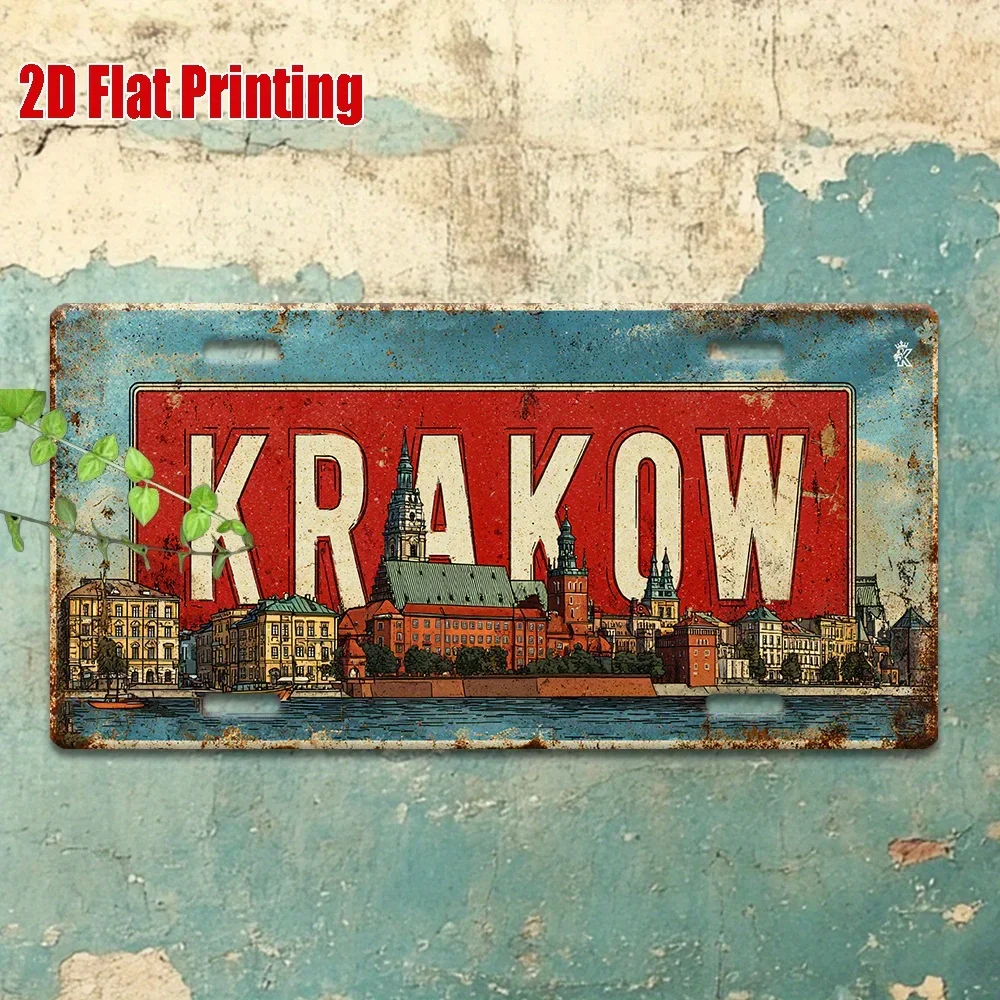 2D flat vintage metal license plate Krakow aluminum sign with historic Polish cityscape, perfect for homes, bars, cafes, gara