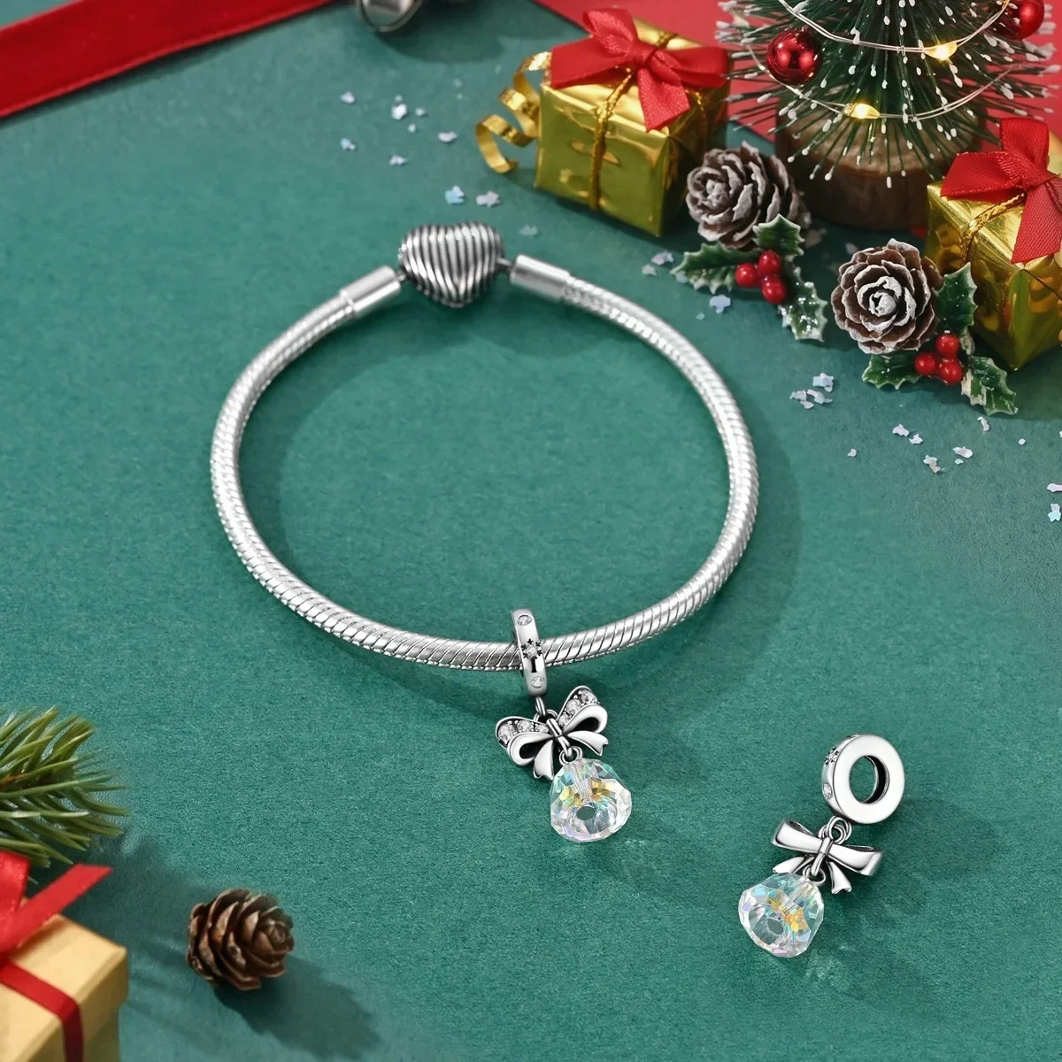 925 Sterling Silver Bow Crystal Bell Dangle Charm Aurora CZ Christmas Bell Pendant Bead for Women Bracelet Jewelry