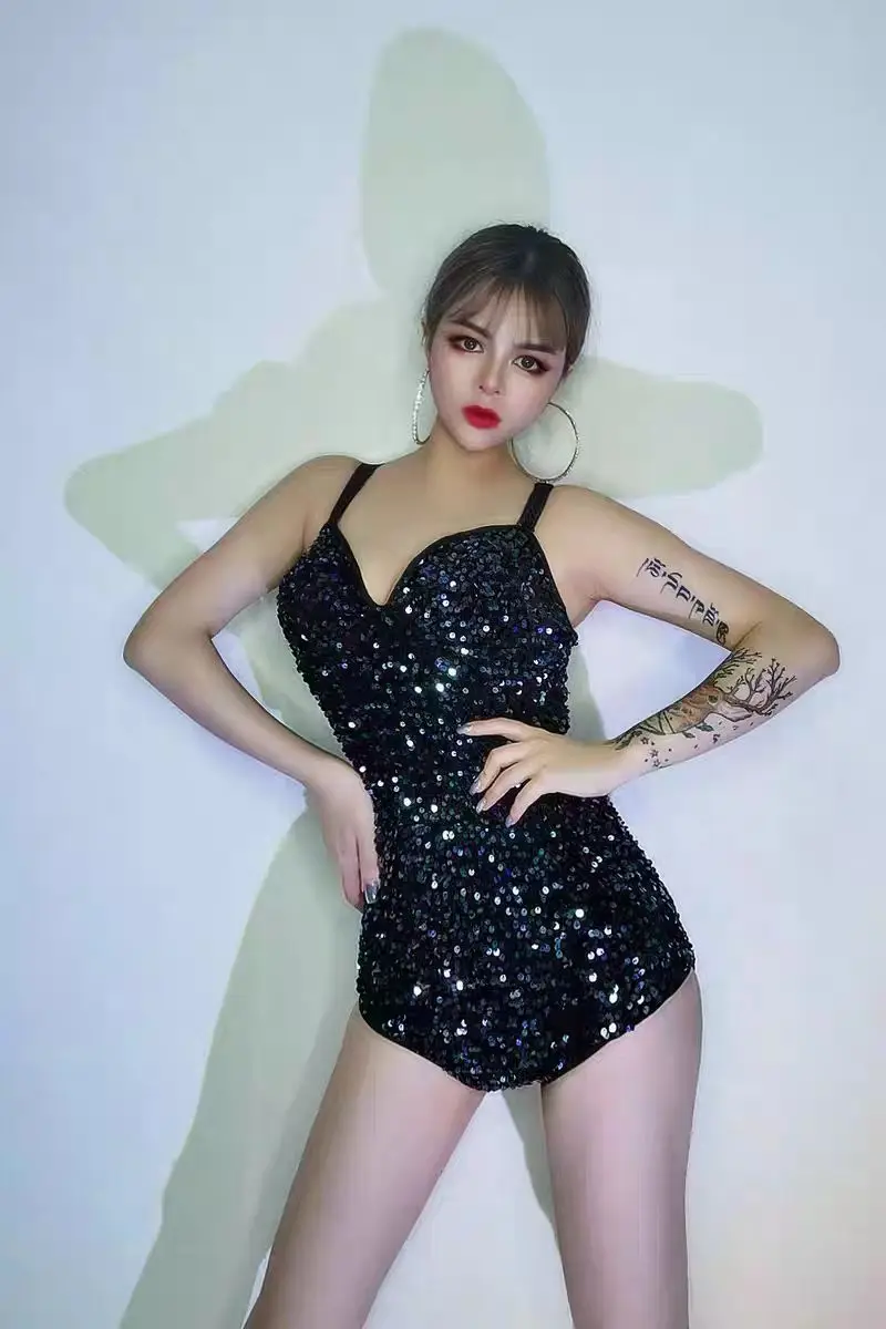 

Sparkly Ultra-Dense Elastic Sequin Sexy Sling Bodysuit Nightclub Singer Gogo Dancer Ds Stage Performance Costumes