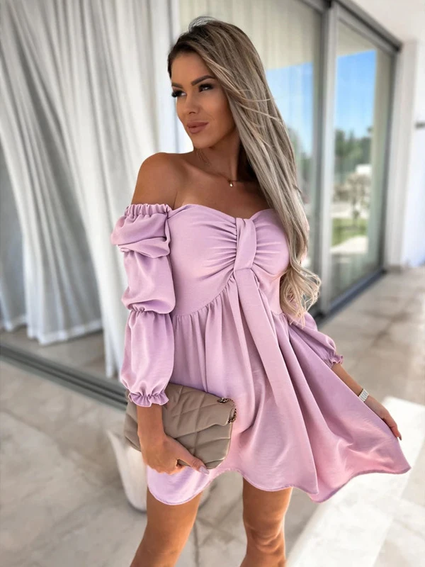 Summer Womens Sexy Off Shoulder Half Sleeve Mini Dress Solid Party Dress 2022 One Shoulder Slim Bow Dress Fashion Folds Dresses