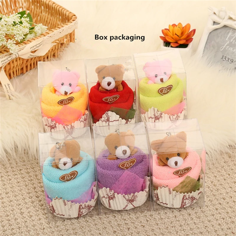 

30 Sets Bear Towels 30x30cm Mini Bear Cup Cake Box Pack Microfiber fabric Hand Towels Face Washing Towel Party Wedding Gifts