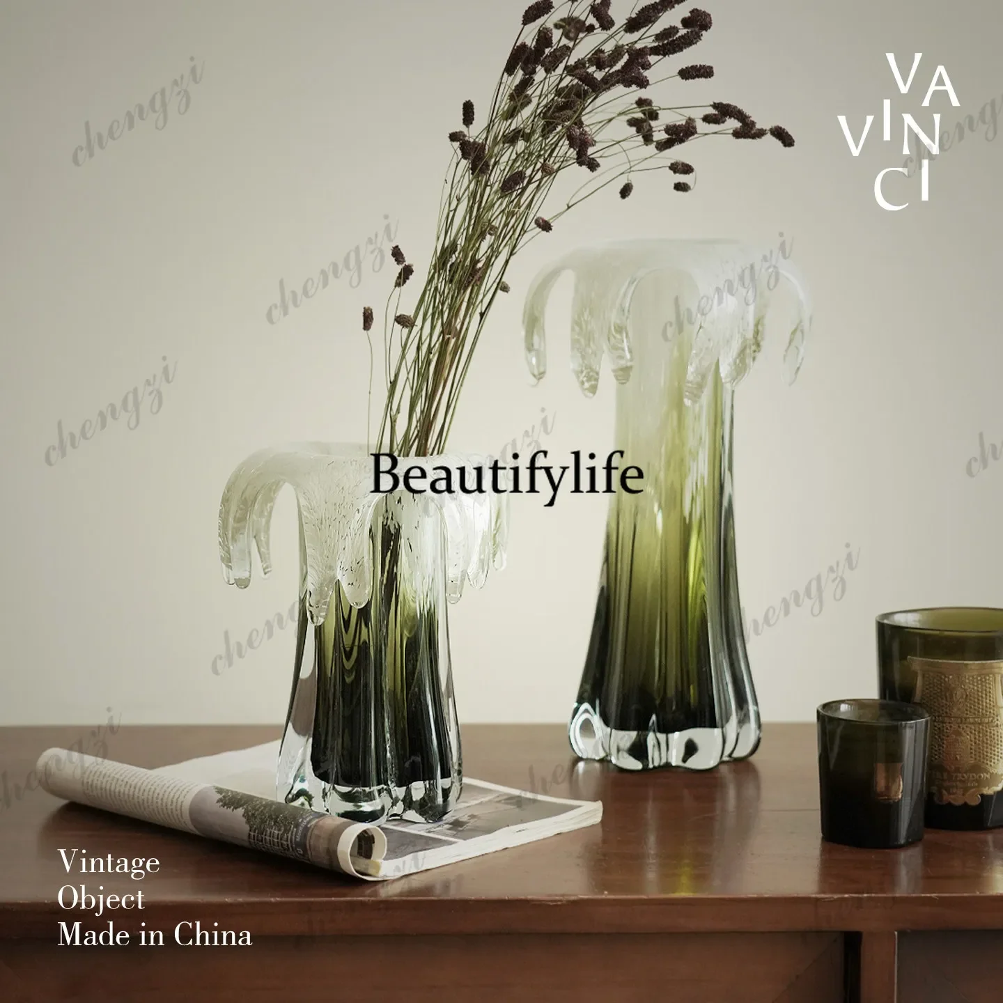 f182 Light luxury vintage-style glass gradient vase with hydroponic  flowers, transparent glass vase