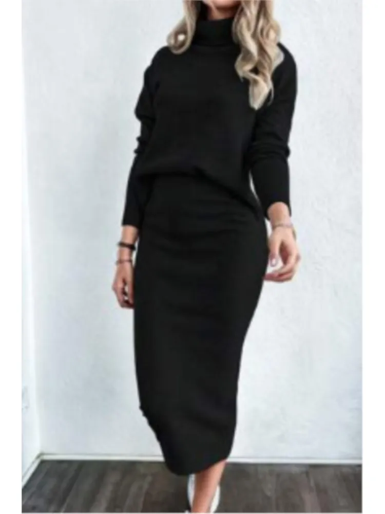 Casual Two Piece Set Women Outfit Autumn Winter Long Sleeve Turtle neck Sweatshirt & High Waist Skirt Sets Ladies Elegant Suit