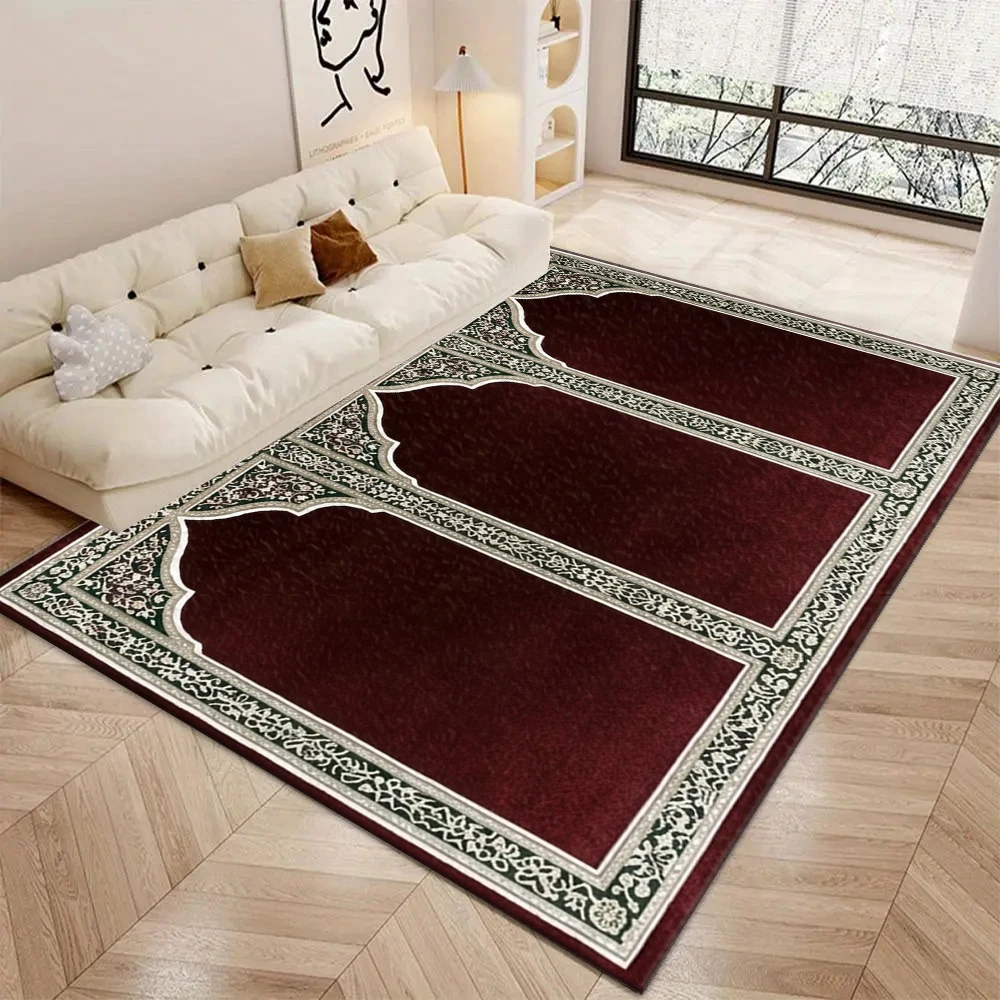 Three-Arched Prayer Rug, Islamic Worship Carpet, Vintage Floral Border Non-Slip Mat, Suitable for Home and Mosque Use