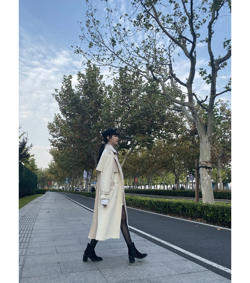 

Wcouture Furry Vestiture Sle Long Coat with Fine Sparkle Patchwork Design Sweet Sle Double Breasted Polyester Material