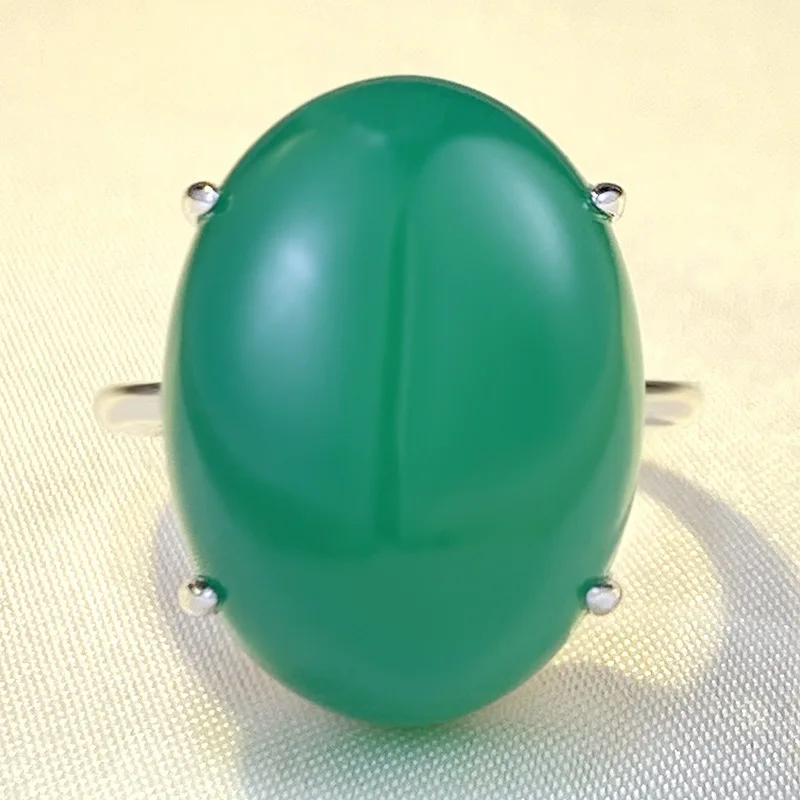 New S925 Silver Inlaid 15 * 20mm High Ice Green Chalcedony Large Egg Faced Agate Ring