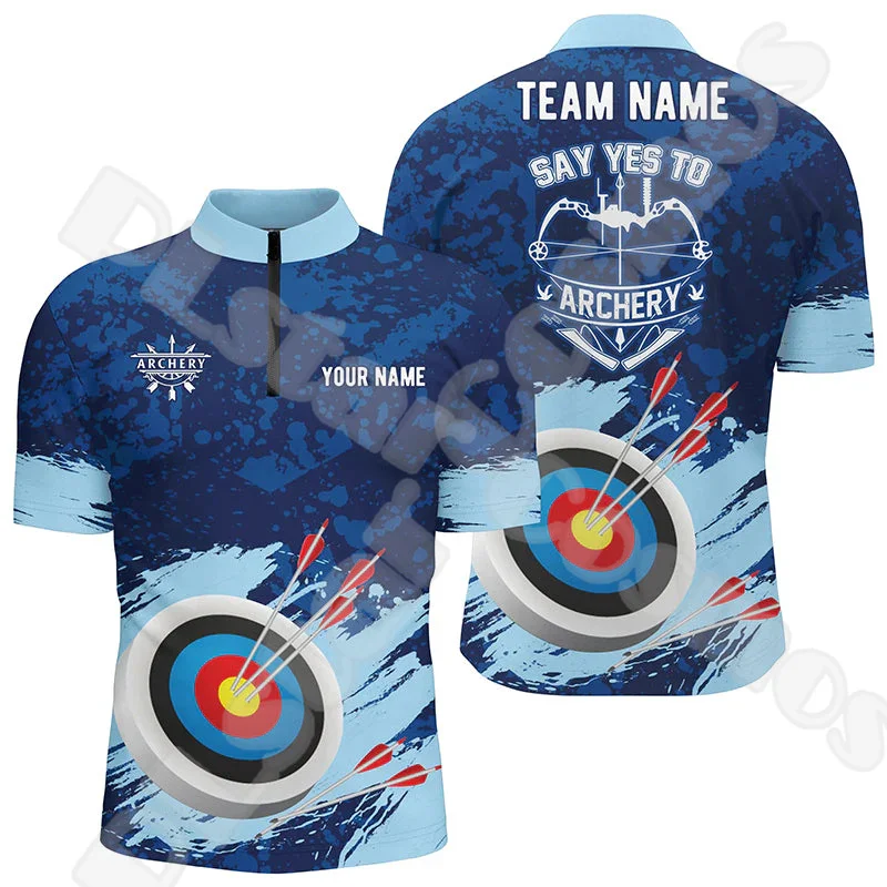 Custom Name Archery Shooting Player Flame Graffiti Tattoo Retro 3DPrint Harajuku Summer Short Sleeves Zip Polo Shirts Jersey X11