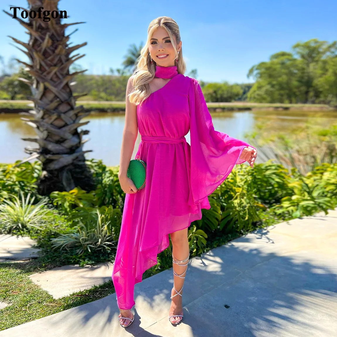 Toofgon Bright Fuchsia Korea Lady Short Prom Dresses One Shoulder Long Sleeves Midi Formal Cocktail Party Gowns Evening Dress