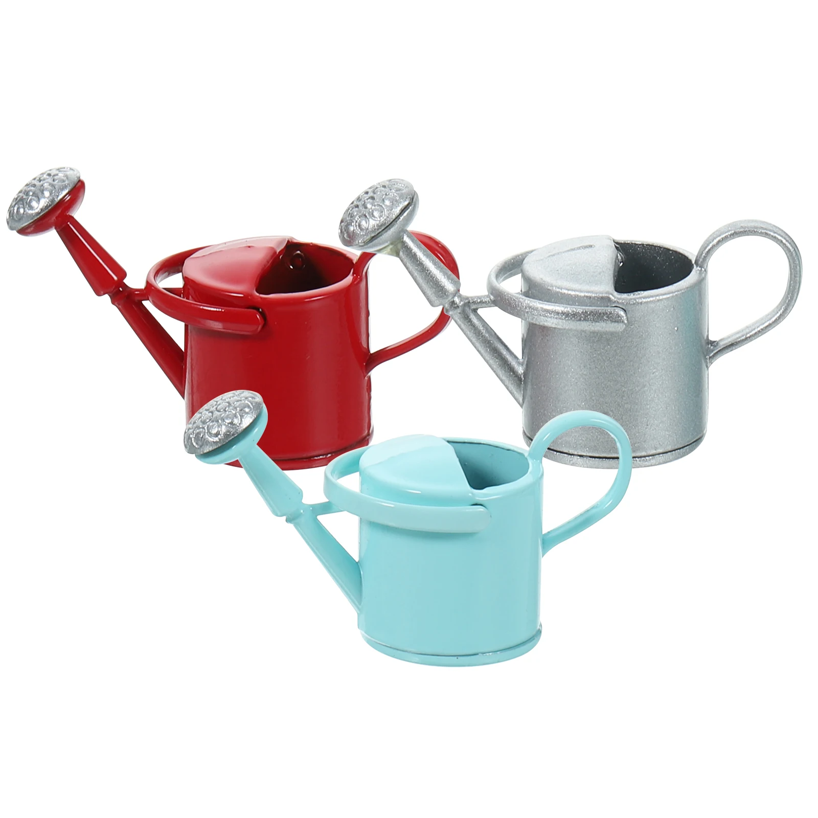 

3pcs Mini Gardening Watering Cans Red Silver Practical Dollhouse Plant Kettle Storage Bucket Educational Toy