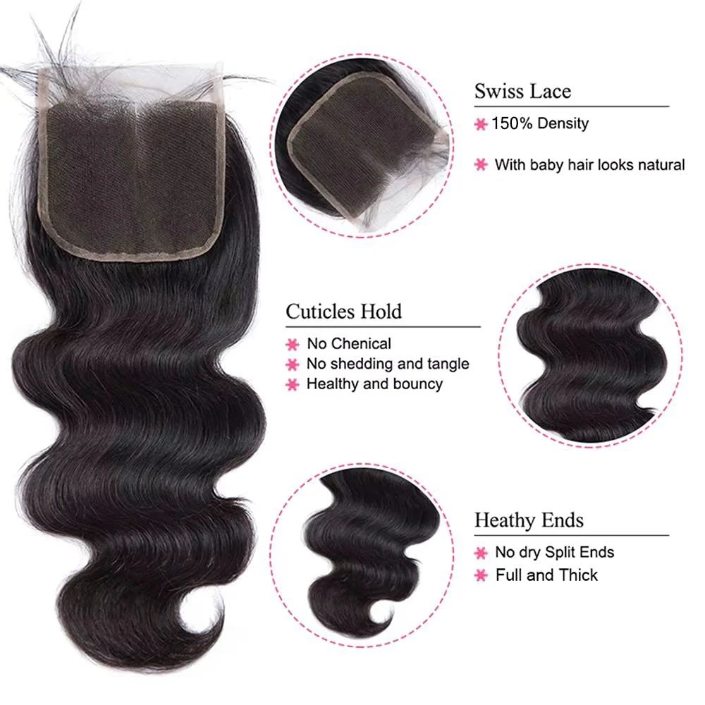 Human Hair Bundles with Closure Body Wave Brazilian Virgin Human Hair Weave 3 Bundles with 4x4 Lace Closure Natural Black Color image 5