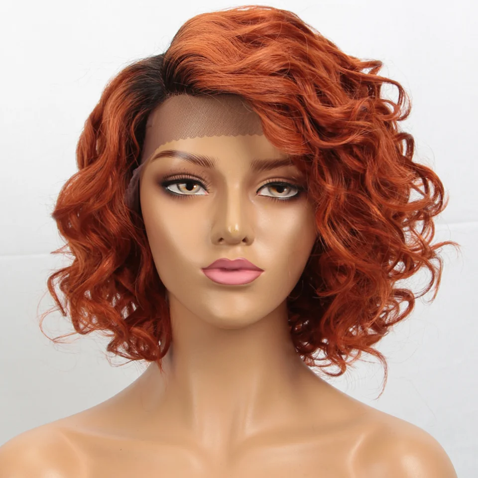 

Короткие парики-боб с эффектом Body Wave, бразильские, оранжевые, с волнистыми прядями, на кружевной основе, из натуральных человеческих волос, с прозрачным кружевом, для женщин