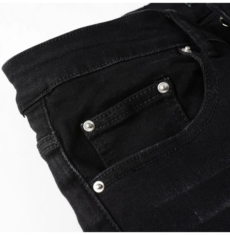 Herren Plissierte Patchwork-Biker-Jeans Streetwear Skinny Tapered Stretch-Denim-Hose Zerrissene Patchwork-Schwarze Hose – Detail 7