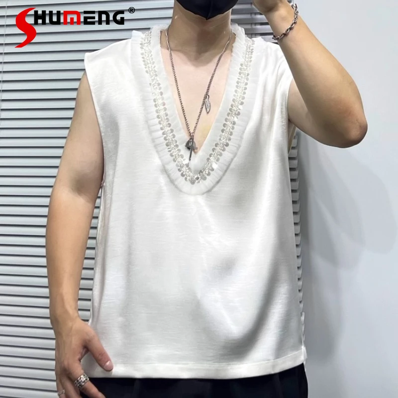 

2025 Men's Summer New Trendy Design Tops Stylish Personalized Beaded V-neck Vests Male Fashion Sleeveless Solid Color Tank Tops