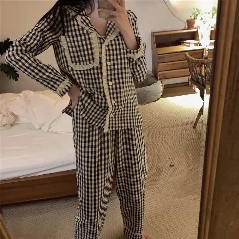 أطقم بيجامات نسائية بسيطة بتصميم منقوش للترفيه والربيع والمنزل اليومي على الطراز الكوري ملابس نوم مريحة ورائعة وفضفاضة #5