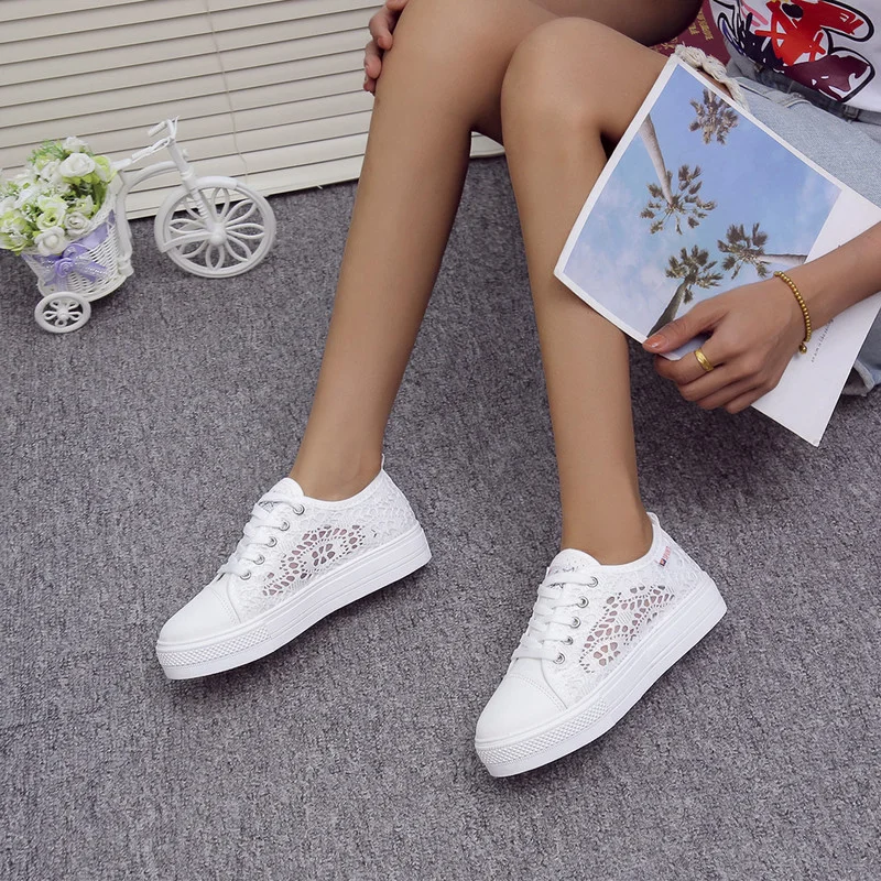 Women Shoes 2022 Fashion Summer Casual White Shoes Cutouts Lace Canvas Hollow Breathable Platform Flat Sneakers Zapatillas Mujer