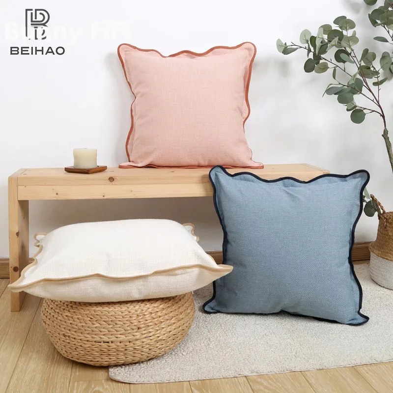 Bohemian Double Stitch Scalloped Throw Pillow Covers Decorative Boho Solid Soft Cushion Case For Bed Sofa Living Room Home Decor