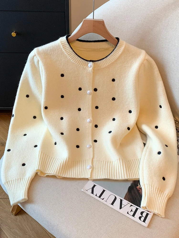

Polka Dot Knit Cardigan 2025, French Style Women's Long Sleeve Top for a Chic Autumn Look