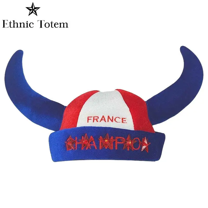 Glowing Cow Horn Hat for Kids Adult France Germany Soccer Fans National Flag Elements Cap Funny Animal Cosplay Cap Headwear