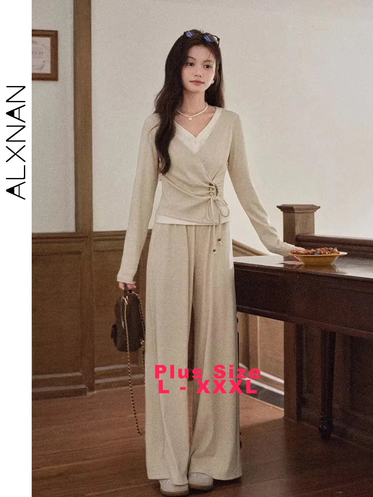 

ALXNAN Plue Size Pants Casual Wide-leg High-waist Baggy Pants 2025 Autumn Oatmeal Loose-fit Versatile Women's Trousers D12716