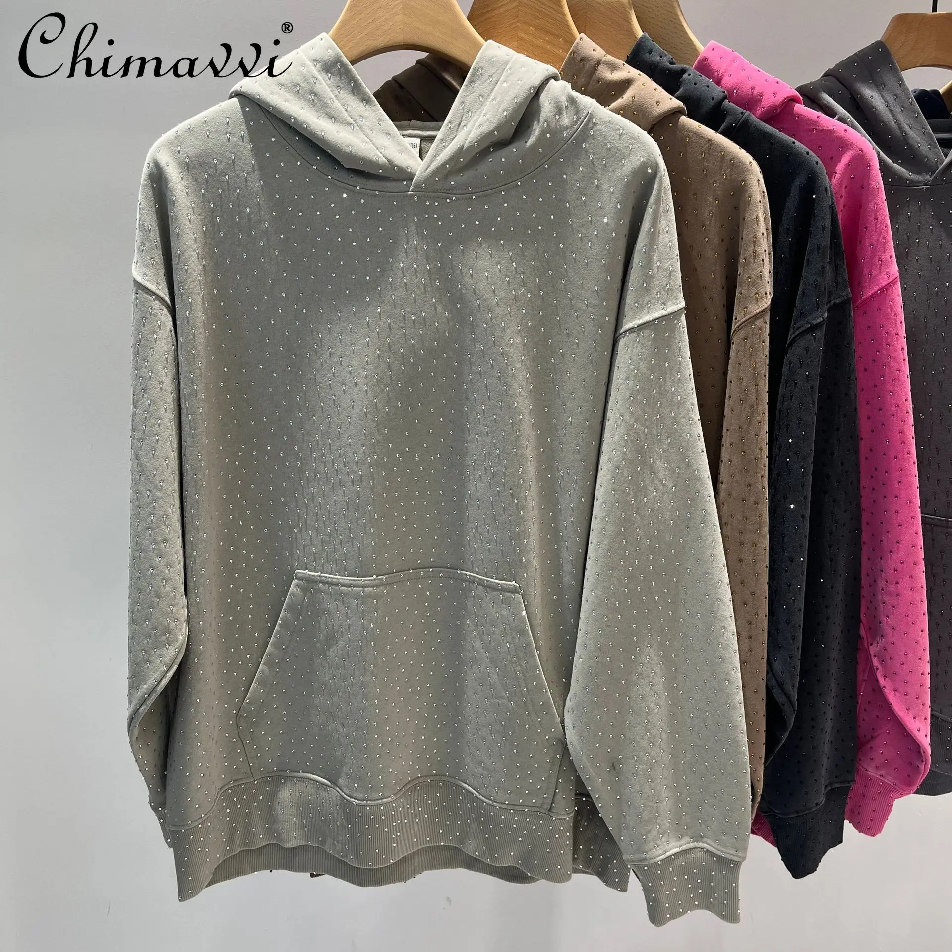 Sudadera de manga larga con diseño de diamante pesado para mujer, jersey de calle versátil, informal, holgado, ajustado, a la moda, otoño 2025