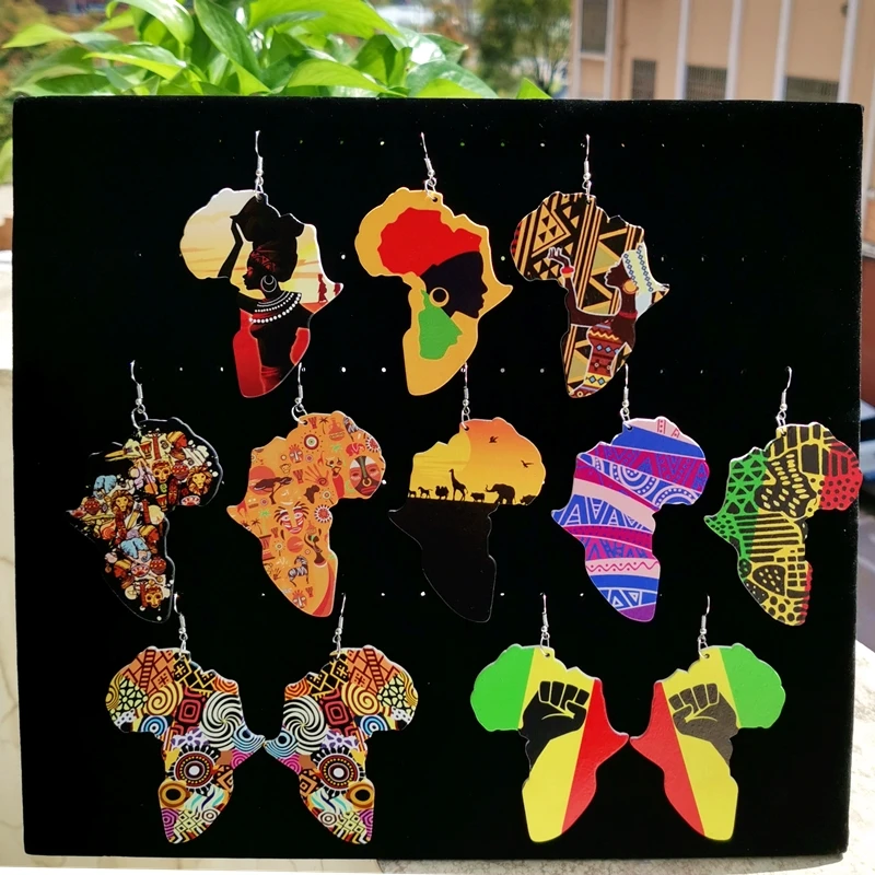 SOMEHOUR Africa Map Print Wooden Drop Earrings For Women Gifts Tradition Ethnic Headwrap Arts  Power Fist Pendant Dangle Jewelry