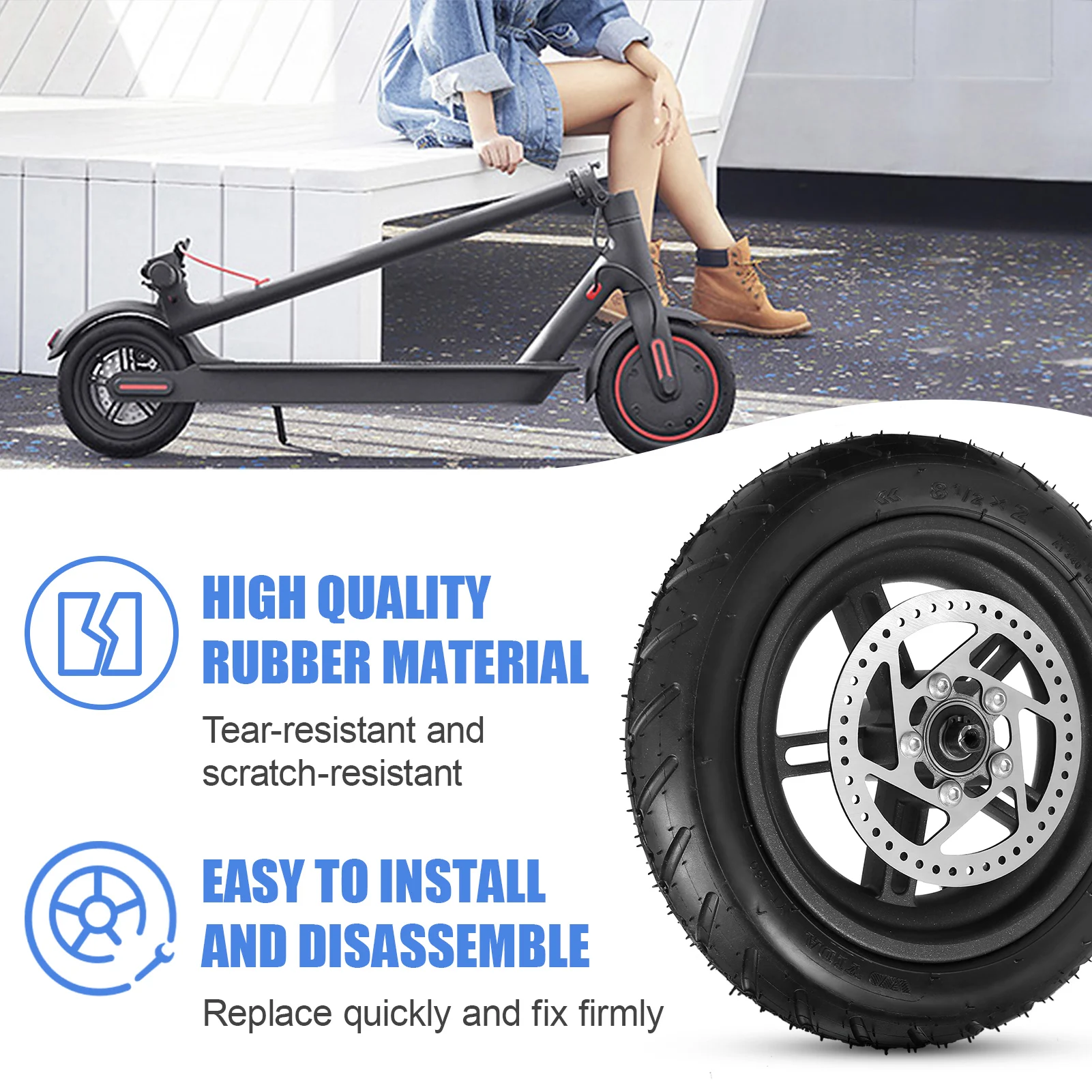 8.5 inch Electric Scooter Rear Tire with Wheel Hub Disc Brake Set Inflatable Electric Scooter Wheel Replacement for Xiaomi M365