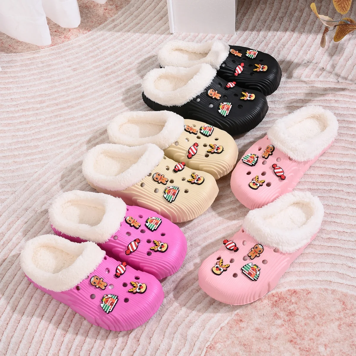 

Women's Winter Diy Hole-Punched Plush Warm Slippers Rabbit Flower and Butterfly Buckles for Indoor Walking and Casual Daily Wear