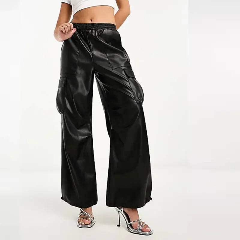 Vintage Faux Leather Cargo Pants Women Casual PU Straight Pants with Pocket Ladies Loose Wide Leg Trousers Clubwear New Custom