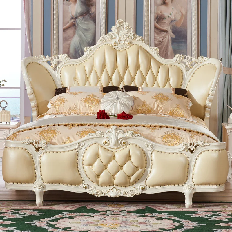 #High-End Modern European Design Solid Wood Frame with Leather Upholstery Exquisite Carved Details for Newlywed Master Bedroom