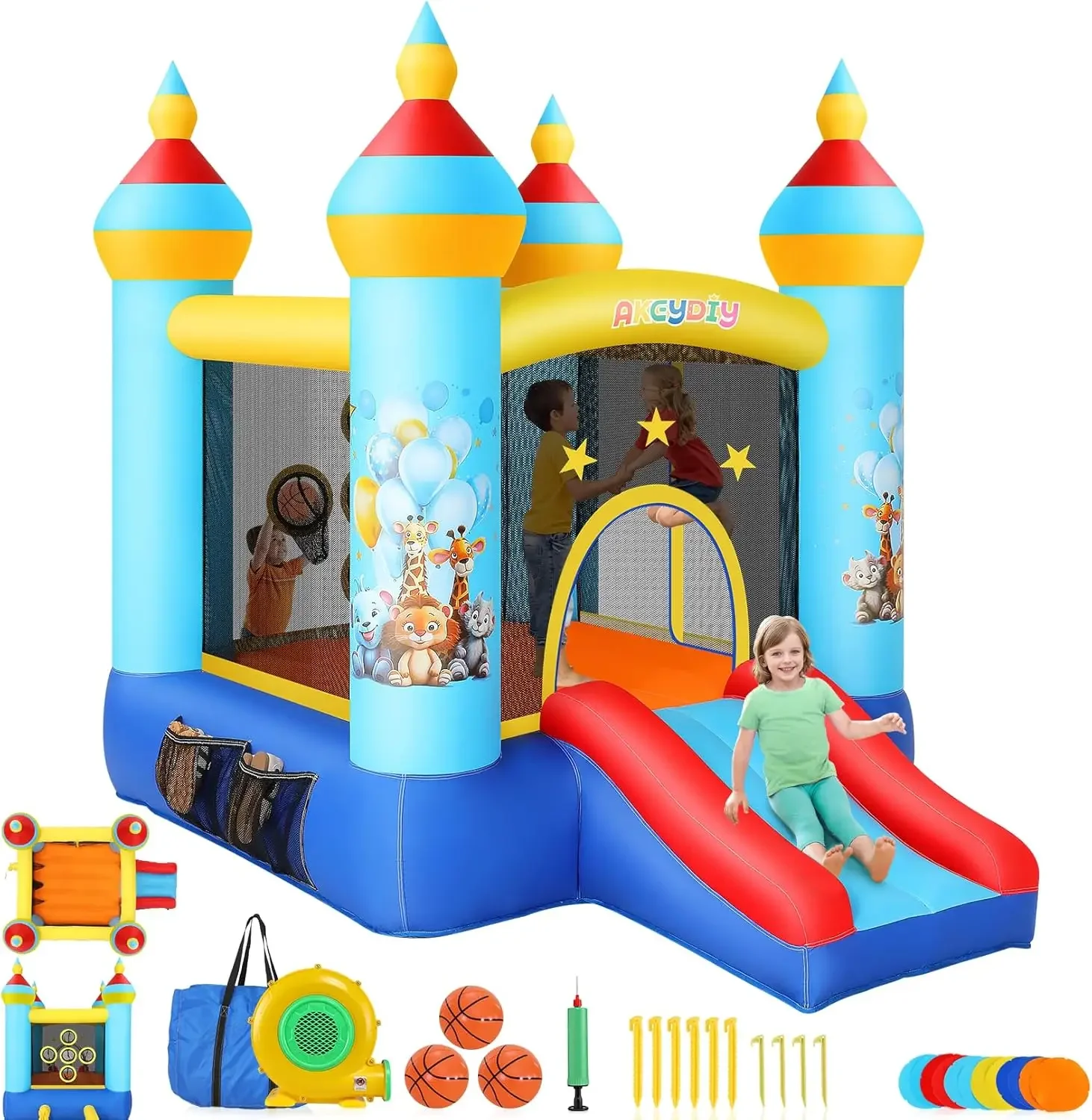 Inflatable Bounce Castle Backyard Party, Indoor Outdoor Animal Bouncy House for Kids 3-10 w/Slide, Jumping Area, Ball Pit, Blowe