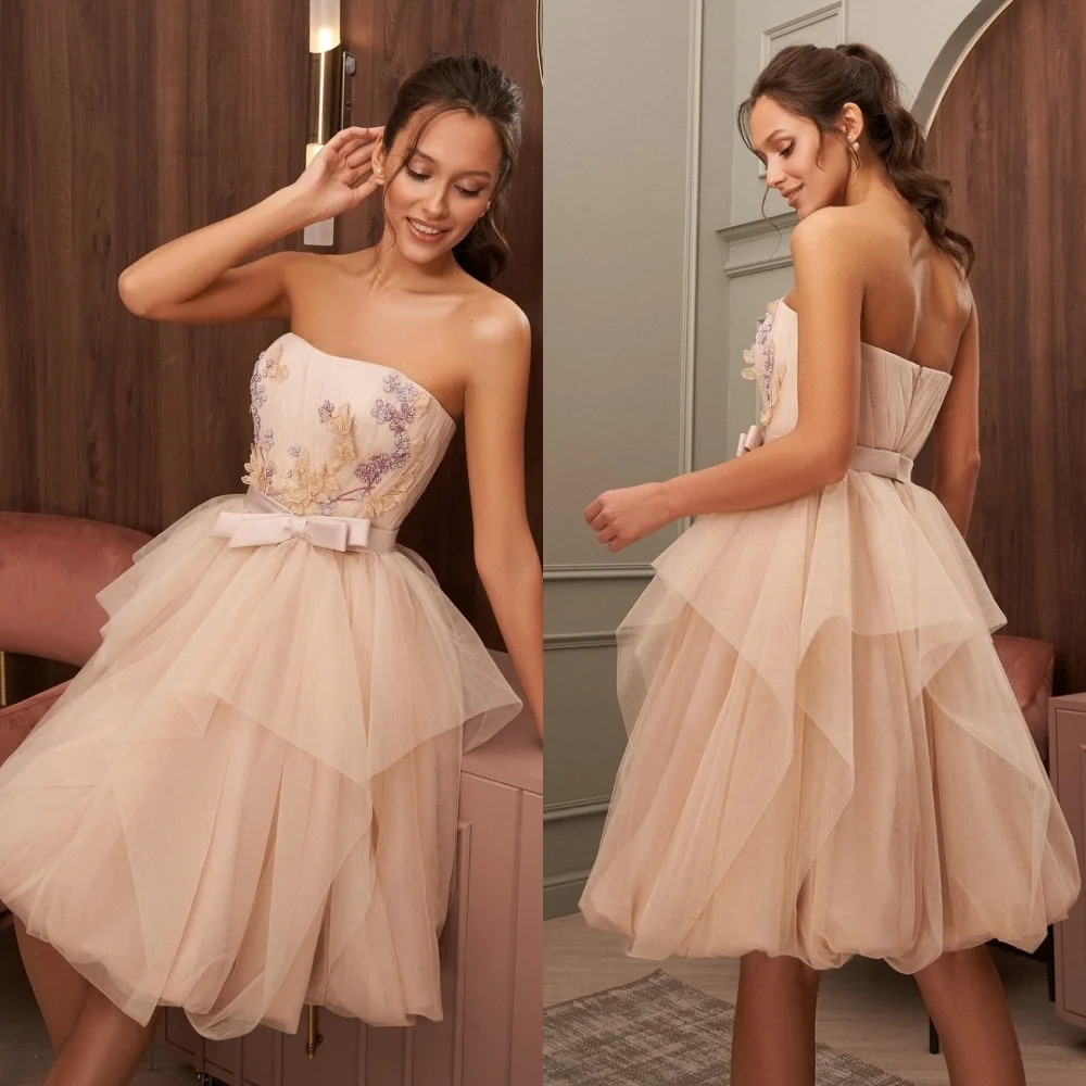 Vestido de tul drapeado con apliques de lazo para el Día de San Valentín, línea A, sin tirantes, a medida, hasta la rodilla