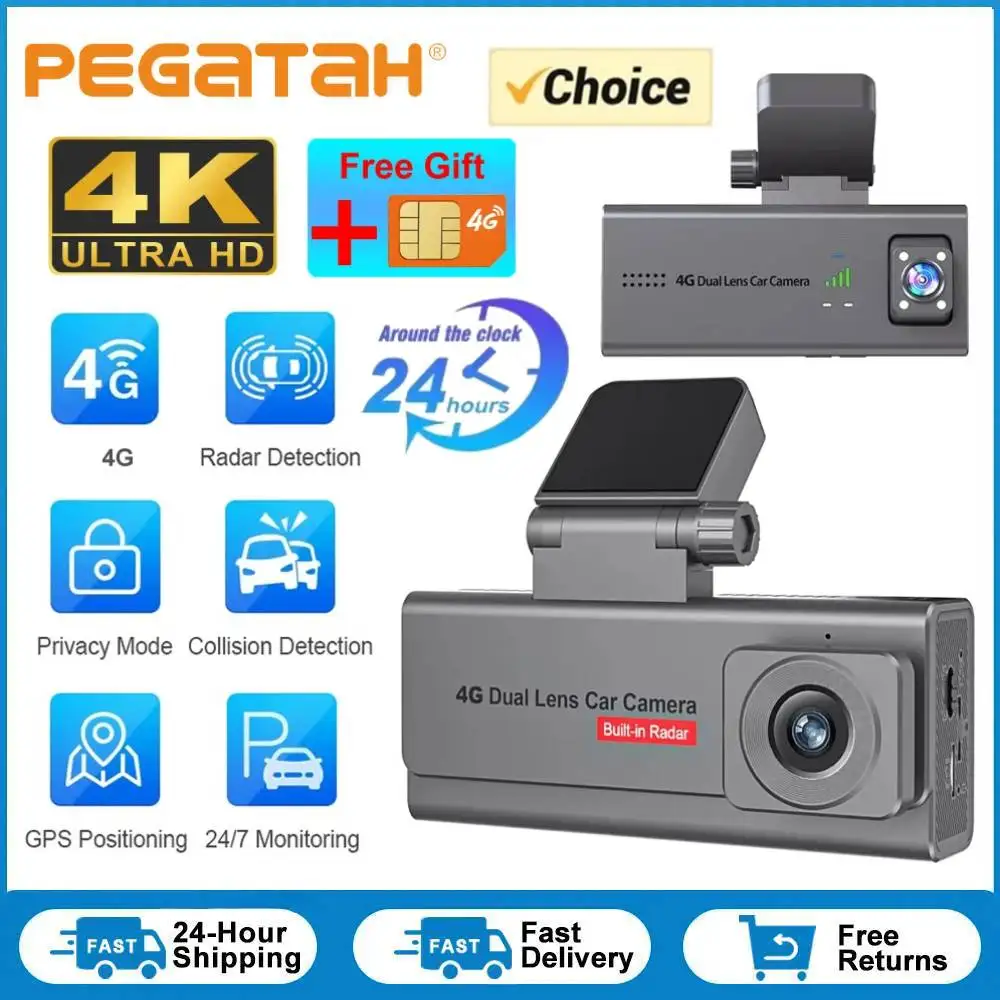 

PEGATAH 4K 4G Car Surveillance Camera GPS Dual Lens Dashcam Human Detection All Round 24/7 Parking Camera 6 Month Long Standby