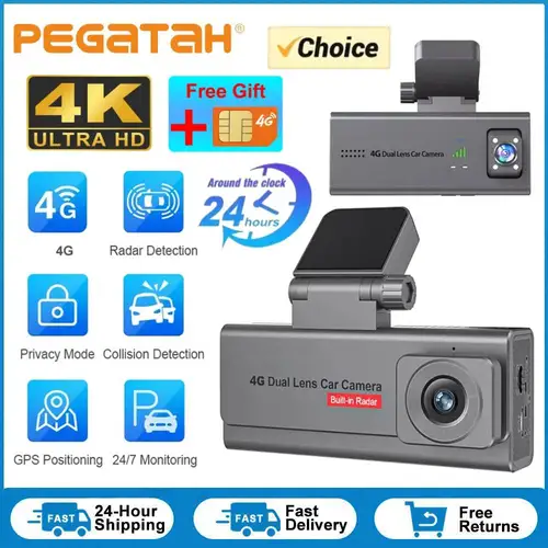 PEGATAH 4K 4G車載監視カメラ GPS デュアルレンズ ドライブレコーダー 人感センサー搭載 全方位 24時間365日駐車監視カメラ 6ヶ月長時間待機