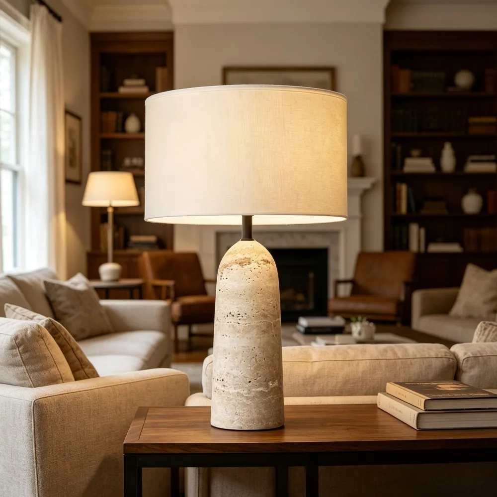 Japanese Wabi-sabi Yellow Travertine Base LED Table Lamp White Fabric Lampshade Living Room Bedroom