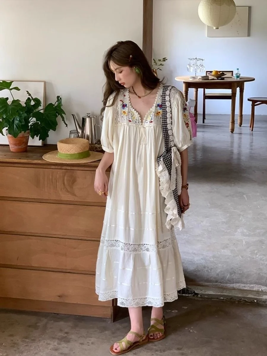 Grande taille Vintage brodé Floral été Dr femmes ample minceur v-ne genou longueur a-ligne Dr coréen Sle