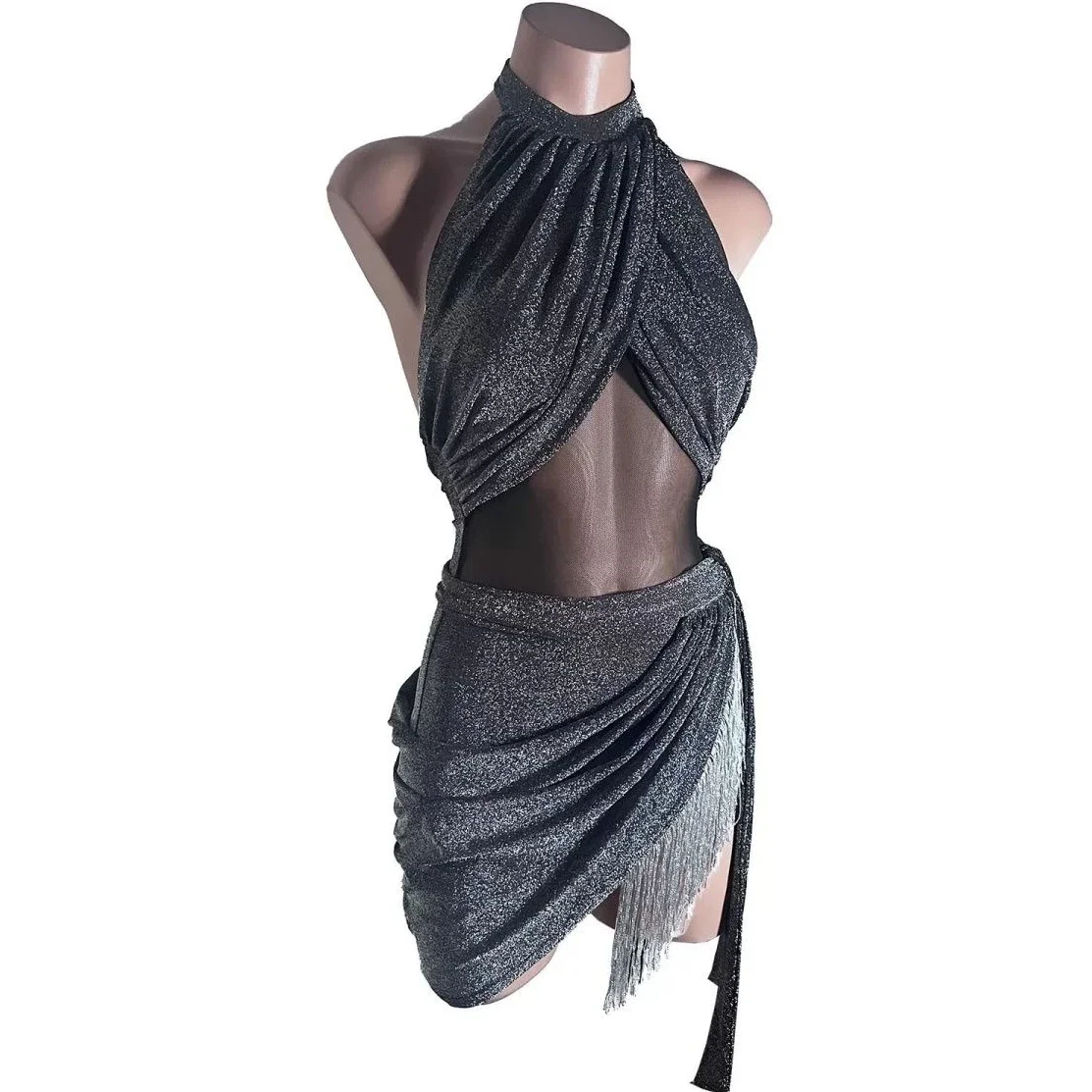 

Women Latin Dance Dress Suit Shiny Sleeveless Backless Top Fringed Skirt Samba Chacha Rumba Ballroom Training Performance Set