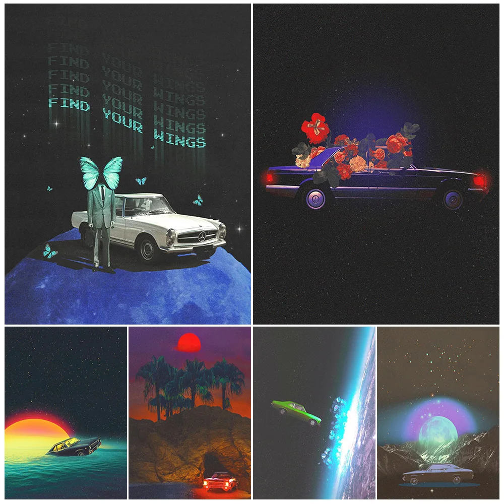 

Cars Wandering In The Starry Sky,Abstract Wall Art Canvas Painting Surreal Cars Fantasy Art Poster And Print Home Decor Unframed