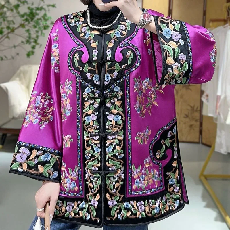 High-end Spring Autumn Women Top Retro Embroidery Elegant Lady Loose China New Year Coat Palace of the Qing Rulers S-XXL