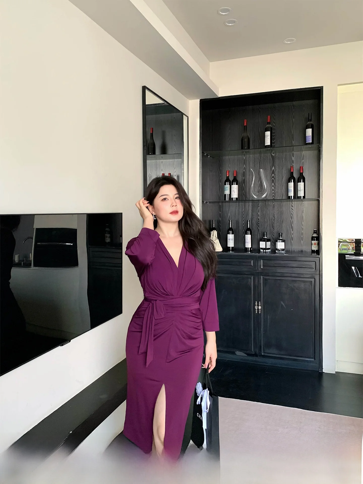 

Новинка: Фиолетовая плиссированная юбка макси с V-образным вырезом и завышенной талией для полных женщин, облегающая, осенняя, для повседневной носки