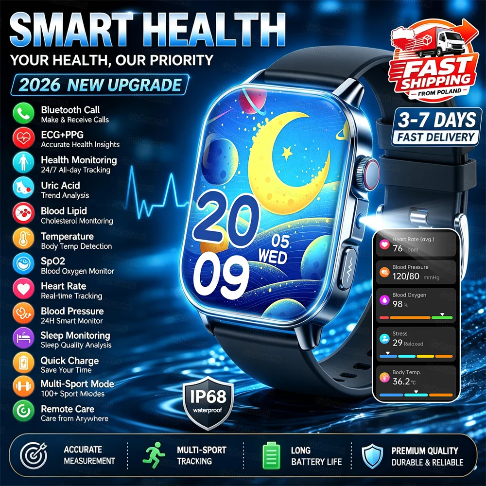 2026 Nouveau Smartwatch Homme Femmes ECG + PPG Smart Watch Analyse de la santé Tension artérielle Lipides Acide urique sans fil HD Appel Suivi sportif pour Android et iOS Montre de poignet pour hommes montre rose dame