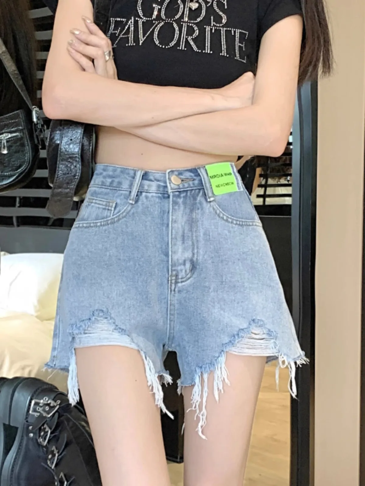 

Blue High Waist A-Line Denim Shorts Women's Summer New Style INS Trendy plus Size MM Frayed Hot Pants Wide Leg Pants