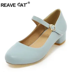 REAVE CAT Buckle Sapatos Femininos Big size 34~43 Spring Summer Women Shoes Sandals 3.5cm Mid Heels Blue Beige QL4861